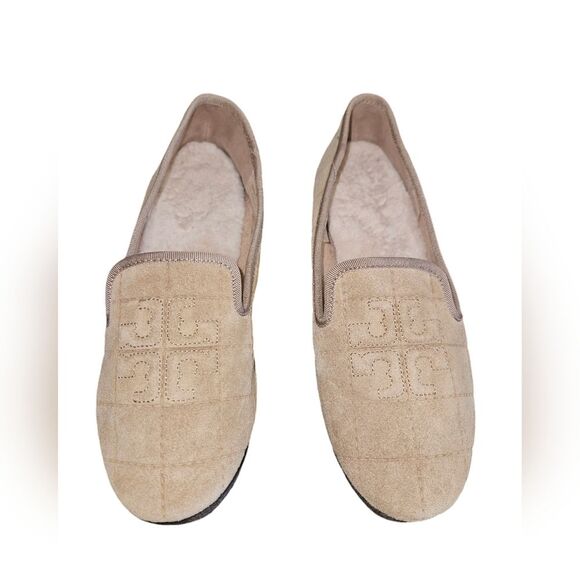 Tory Burch Suede Leather Shearling Lined Quilted Slip-on Flats Khaki Size 7 - Picture 1 of 10